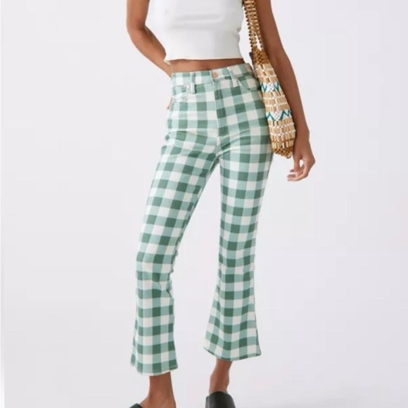 NWT WRANGLER WROCK KICK FLARE GREEN & WHITE GINGHAM CHECKERED JEANS, SIZE 35 - Picture 4 of 5